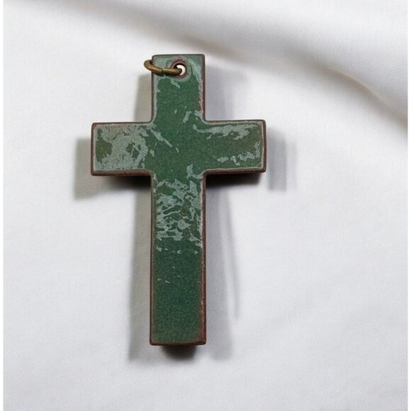 Vintage Enamel Cross Pendant Green and Bronze Tone Double Sided Religious - Picture 1 of 7